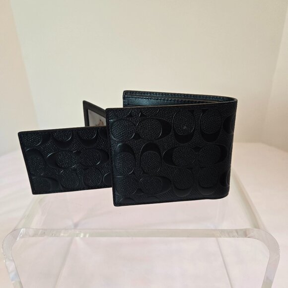 COACH Men's Embossed Signature C's Logo Signature 3 In 1 Leather Wallet - Black - Picture 2 of 11